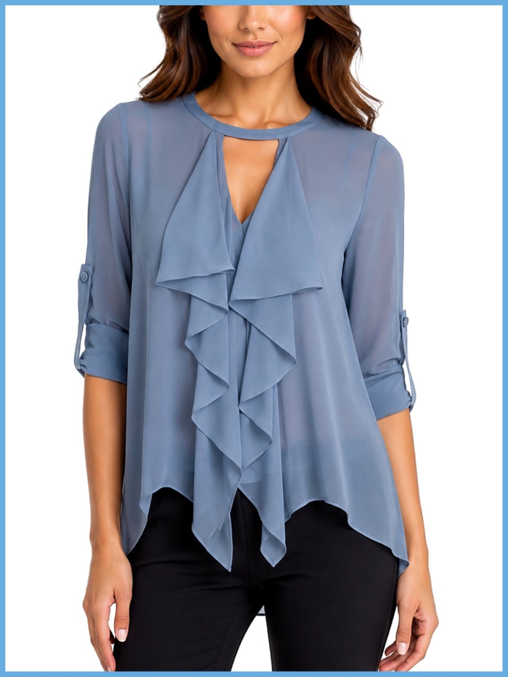 BCBGMaxAzria Sheer Ruffled Light Blue Top